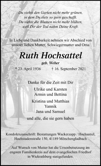 Traueranzeige von Ruth Hochsattel von trauer.extra-tipp-moenchengladbach.de