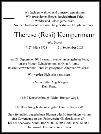 Traueranzeige von Therese Kempermann von trauer.extra-tipp-moenchengladbach.de