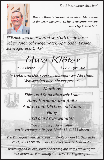 Traueranzeige von Uwe Klöter von trauer.extra-tipp-moenchengladbach.de