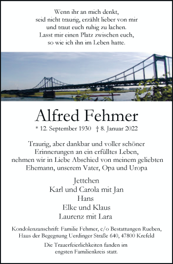 Traueranzeige von Alfred Fehmer von trauer.mein.krefeld.de