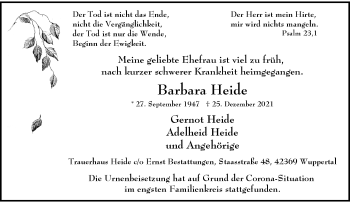 Traueranzeige von Barbara Heide von trauer.wuppertaler-rundschau.de