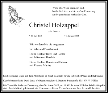 Traueranzeige von Christel Holzappel von trauer.extra-tipp-moenchengladbach.de