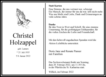 Traueranzeige von Christel Holzappel von trauer.extra-tipp-moenchengladbach.de