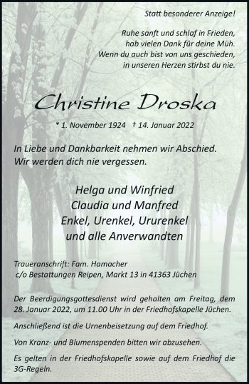 Traueranzeige von Christine Droska von trauer.stadt-kurier.de