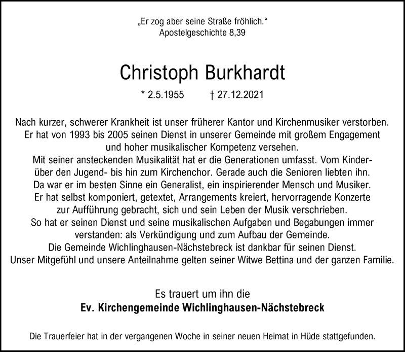  Traueranzeige für Christoph Burkhardt vom 08.01.2022 aus trauer.wuppertaler-rundschau.de