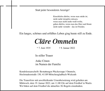 Traueranzeige von Cläre Ommeln von trauer.extra-tipp-moenchengladbach.de