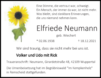 Traueranzeige von Elfriede Neumann von trauer.wuppertaler-rundschau.de