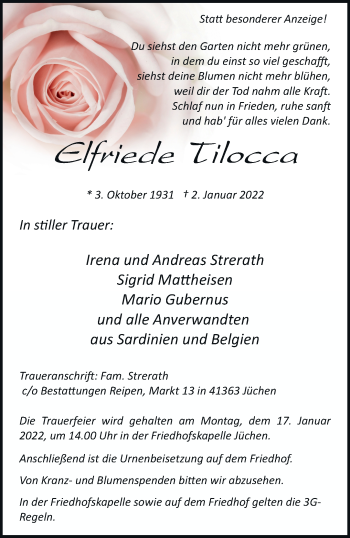 Traueranzeige von Elfriede Tilocca von trauer.stadt-kurier.de