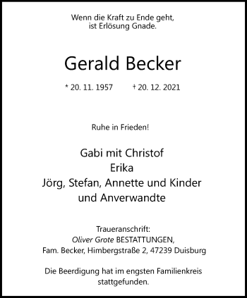 Traueranzeige von Gerald Becker von trauer.mein.krefeld.de