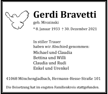 Traueranzeige von Gerdi Bravetti von trauer.extra-tipp-moenchengladbach.de