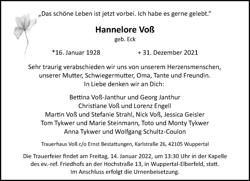  Traueranzeige für Hannelore Voß vom 08.01.2022 aus trauer.wuppertaler-rundschau.de