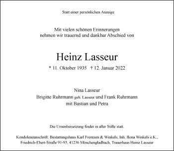 Traueranzeige von Heinz Lasseur von trauer.extra-tipp-moenchengladbach.de