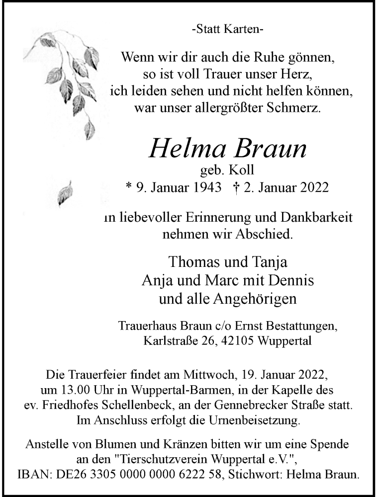  Traueranzeige für Helma Braun vom 08.01.2022 aus trauer.wuppertaler-rundschau.de
