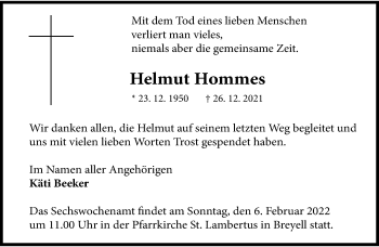 Traueranzeige von Helmut Hommes von trauer.extra-tipp-moenchengladbach.de