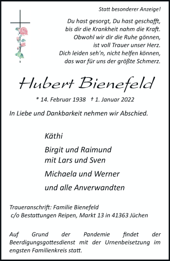 Traueranzeige von Hubert Bienefeld von trauer.stadt-kurier.de