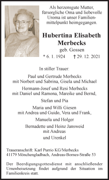 Traueranzeige von Hubertina Elisabeth Merbecks von trauer.extra-tipp-moenchengladbach.de