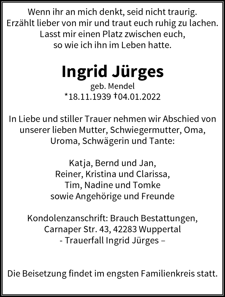  Traueranzeige für Ingrid Jürges vom 08.01.2022 aus trauer.wuppertaler-rundschau.de