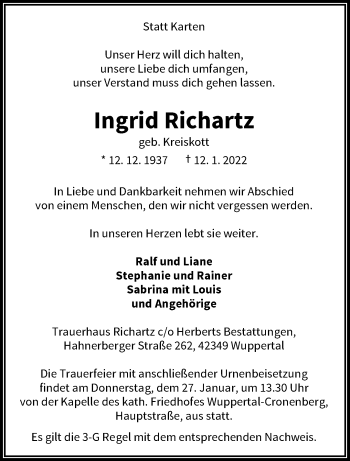 Traueranzeige von Ingrid Richartz von trauer.wuppertaler-rundschau.de