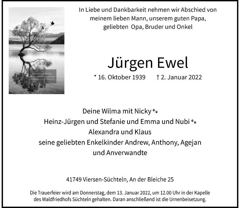  Traueranzeige für Jürgen Ewel vom 09.01.2022 aus trauer.extra-tipp-moenchengladbach.de