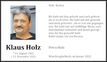 Traueranzeige von Klaus Holz von trauer.extra-tipp-moenchengladbach.de