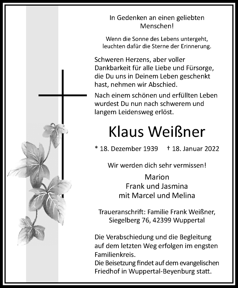  Traueranzeige für Klaus Weißner vom 22.01.2022 aus trauer.wuppertaler-rundschau.de