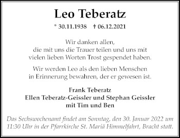 Traueranzeige von Leo Teberatz von trauer.extra-tipp-moenchengladbach.de