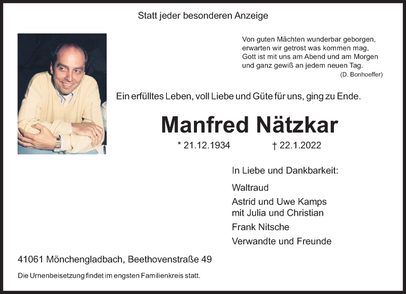  Traueranzeige für Manfred Nätzkar vom 30.01.2022 aus trauer.extra-tipp-moenchengladbach.de