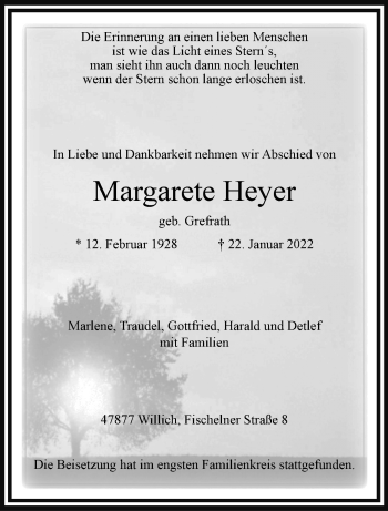 Traueranzeige von Margarete Heyer von trauer.extra-tipp-moenchengladbach.de