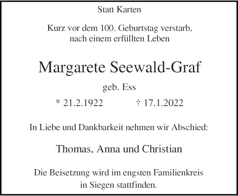  Traueranzeige für Margarete Seewald-Graf vom 22.01.2022 aus trauer.wuppertaler-rundschau.de