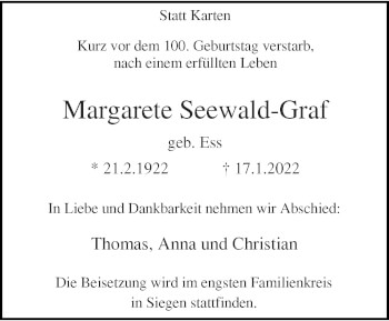 Traueranzeige von Margarete Seewald-Graf von trauer.wuppertaler-rundschau.de