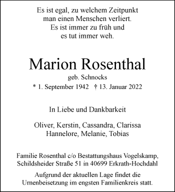 Traueranzeige von Marion Rosenthal von trauer.wuppertaler-rundschau.de