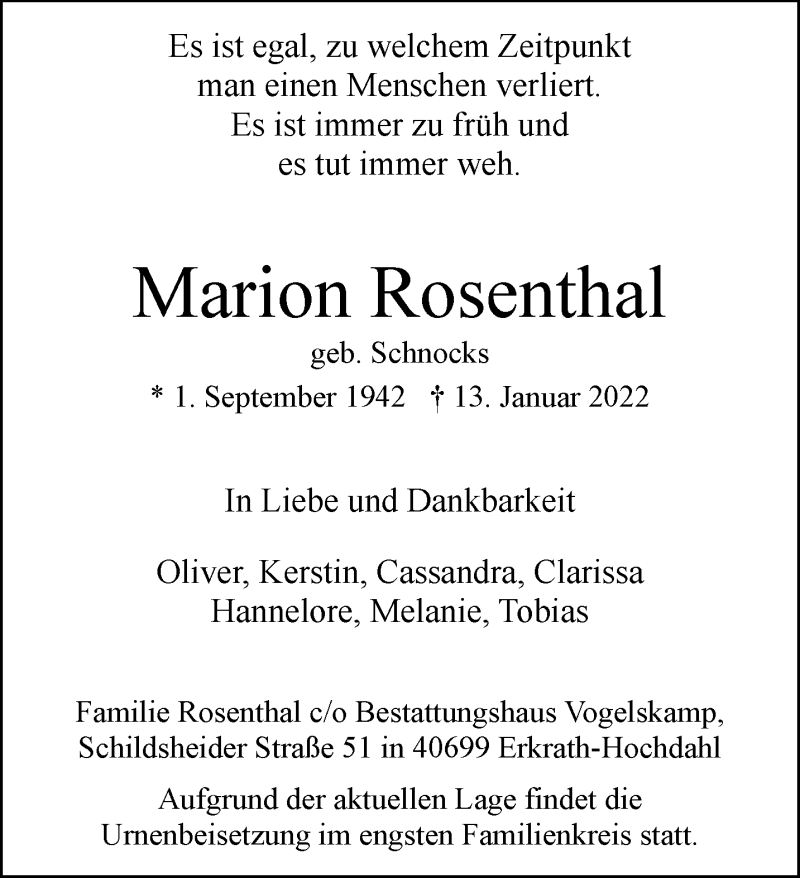  Traueranzeige für Marion Rosenthal vom 22.01.2022 aus trauer.wuppertaler-rundschau.de