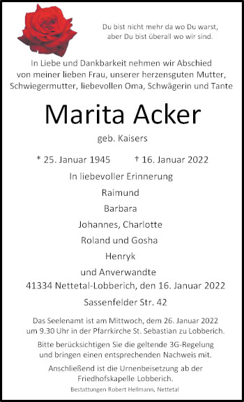 Traueranzeige von Marita Acker von trauer.extra-tipp-moenchengladbach.de