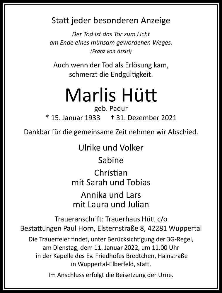  Traueranzeige für Marlis Hütt vom 08.01.2022 aus trauer.wuppertaler-rundschau.de