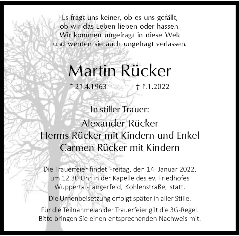  Traueranzeige für Martin Rücker vom 08.01.2022 aus trauer.wuppertaler-rundschau.de