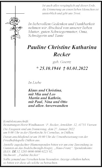Traueranzeige von Pauline Christine Katharina Recker von trauer.extra-tipp-moenchengladbach.de