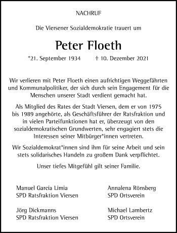 Traueranzeige von Peter Floeth von trauer.extra-tipp-moenchengladbach.de