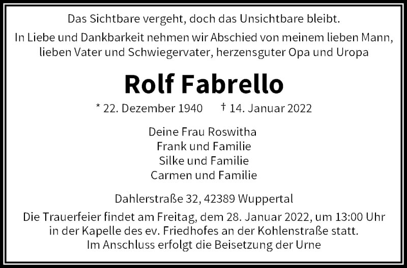  Traueranzeige für Rolf Fabretto vom 22.01.2022 aus trauer.wuppertaler-rundschau.de