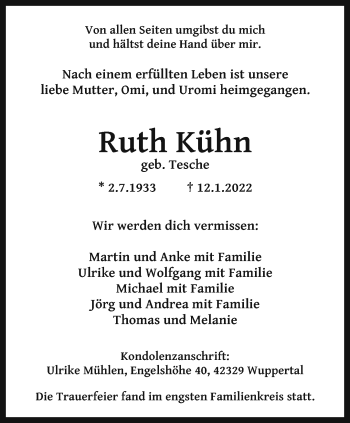 Traueranzeige von Ruth Kühn von trauer.wuppertaler-rundschau.de