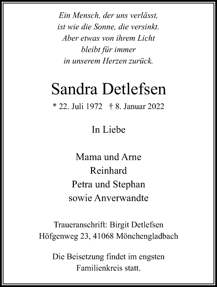  Traueranzeige für Sandra Detlefsen vom 16.01.2022 aus trauer.extra-tipp-moenchengladbach.de