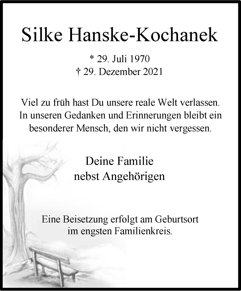  Traueranzeige für Silke Hanske-Kochanek vom 08.01.2022 aus trauer.wuppertaler-rundschau.de