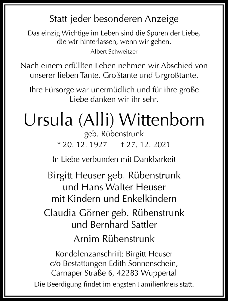  Traueranzeige für Ursula  Wittenborn vom 08.01.2022 aus trauer.wuppertaler-rundschau.de