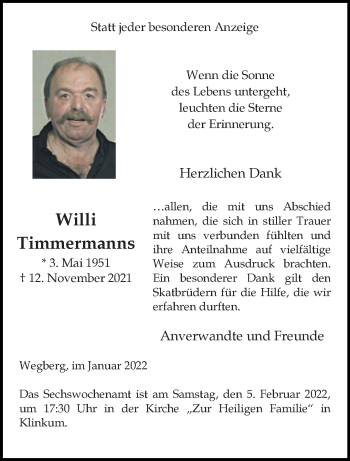 Traueranzeige von Willi Timmermanns von trauer.extra-tipp-moenchengladbach.de