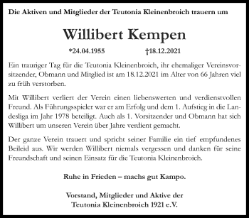 Traueranzeige von Willibert Kempen von trauer.extra-tipp-moenchengladbach.de