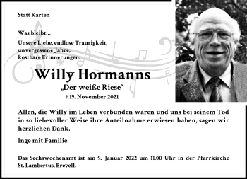 Traueranzeige von Willy Hormanns von trauer.extra-tipp-moenchengladbach.de