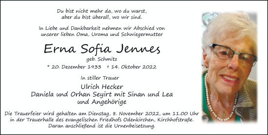 Traueranzeige von Erna Sofia Jennes von trauer.extra-tipp-moenchengladbach.de