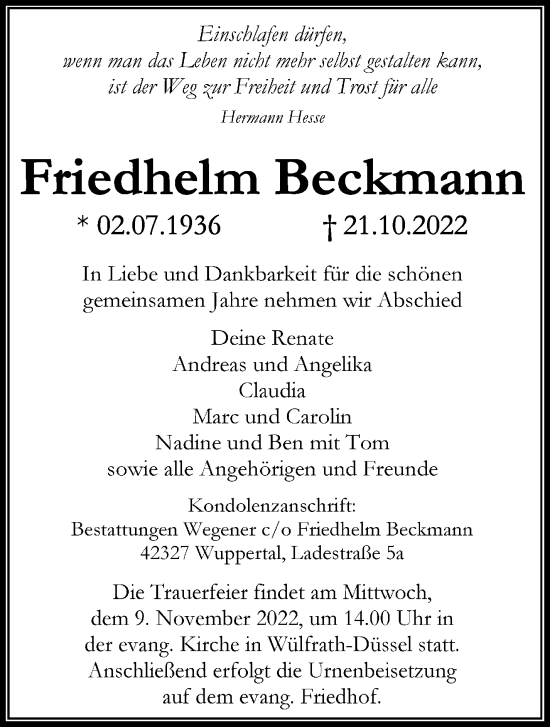 Traueranzeige von Friedhelm Beckmann von trauer.wuppertaler-rundschau.de