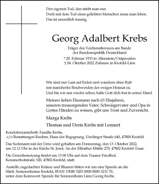 Traueranzeige von Georg Adalbert Krebs von trauer.mein.krefeld.de