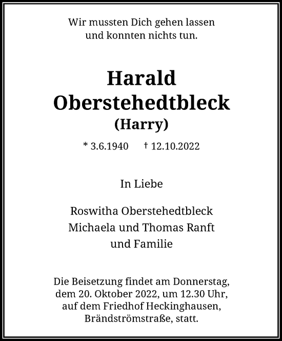 Traueranzeige von Harald Oberstehedtbleck von trauer.wuppertaler-rundschau.de