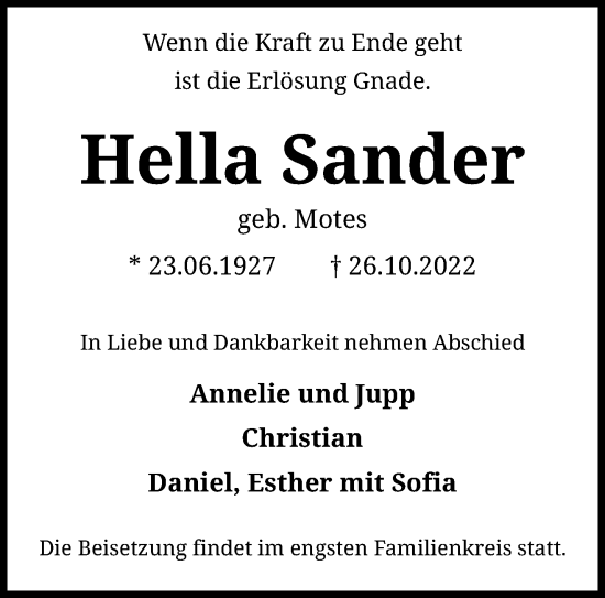 Traueranzeige von Hella Sander von trauer.mein.krefeld.de